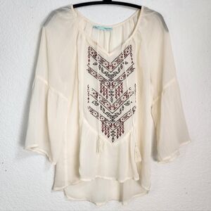 Maurices Cream Embroidered Boho Blouse, Size S